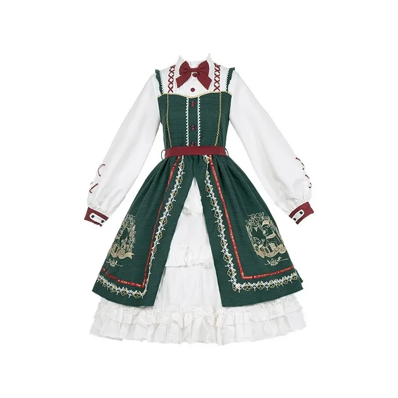 FC6Autumn/Winter Lolita OP Sweet Fake Two-piece Set With Bow Lace Elk Snowmen Embroidery Christmas Eve Kawaii Dress Fluffy @FC8！