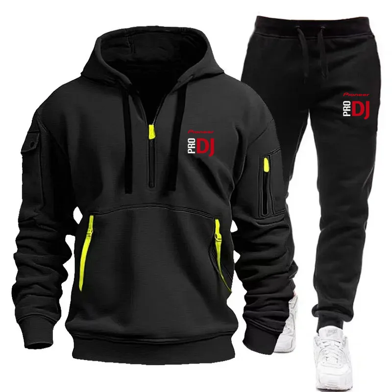 Neuer Herren-Herbst- und Winter-Langarm-Hoodie mit mehreren Taschen und Reißverschluss + Sport- und Freizeithose, zweiteiliger Fitness-Jogginganzug