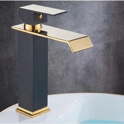 Square Basin Faucets Waterfall Bathroom Single handle Mixer Tap Bath Antique Brass Sink Water Crane Gold