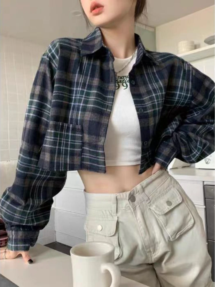 Cropped Shirts Women Unisex Spring Ins Chic College Fashion Korean Style Vintage Plaid Loose All-match Lapel Long Sleeve Daily