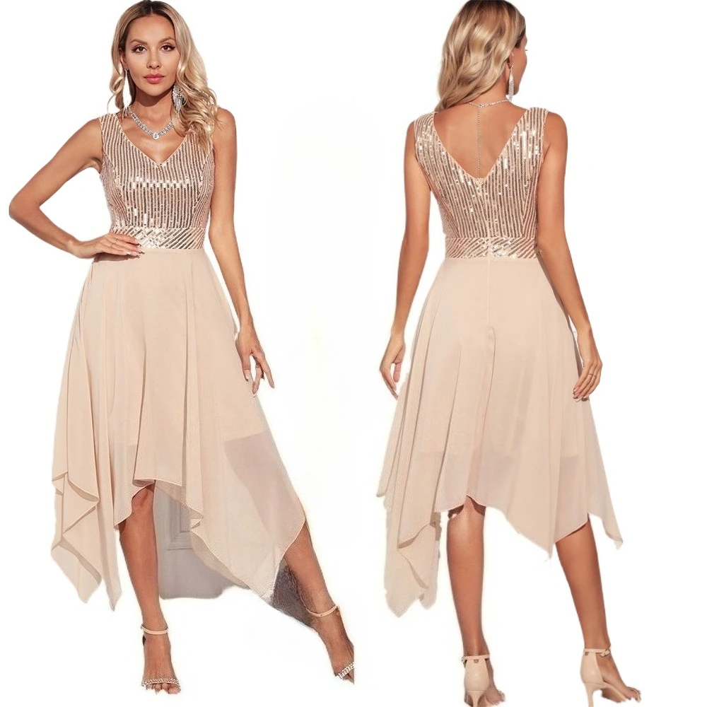 

Double V-neck Sleeveless Sequined Chiffon High Low Party Cocktail Dress