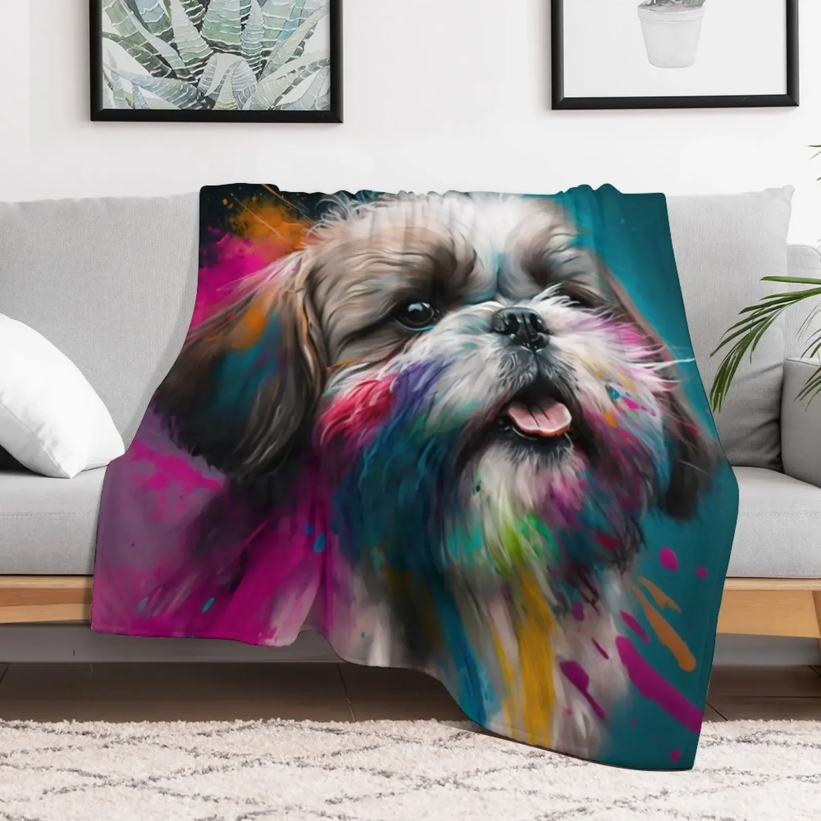 Shih Tzu Synesthetic Splash Painting Artwork Throw Blanket Bed covers Travel Blankets