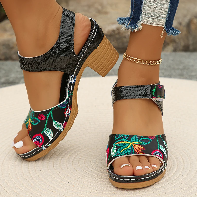 Floral Print High Heels Sandals for Women 2024 Summer Platform Gladiator Sandalias Mujer Lightweight Thick Heeled Sandles Woman