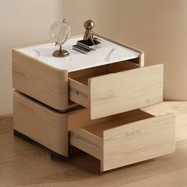 موديل 2025، طاولة بجانب السرير من الخشب الصلب مصنوعة من الجلد الصلب، فاخرة وخفيفة وإحساس راقي #3