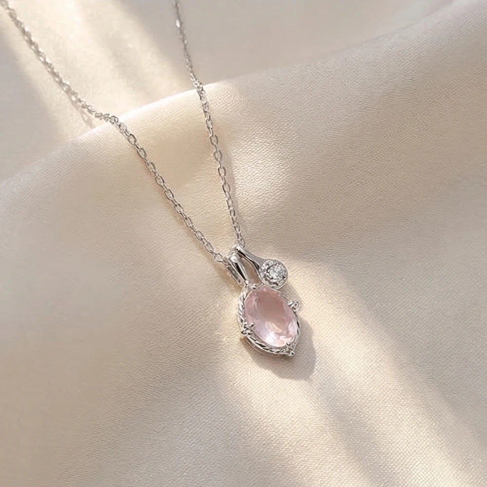 

LAMOON Vintage Natural Rose Quartz Collarbone Zircon Teardrop Necklace For Women Simple Elegant 925 Sterling Silver Fine Jewelry