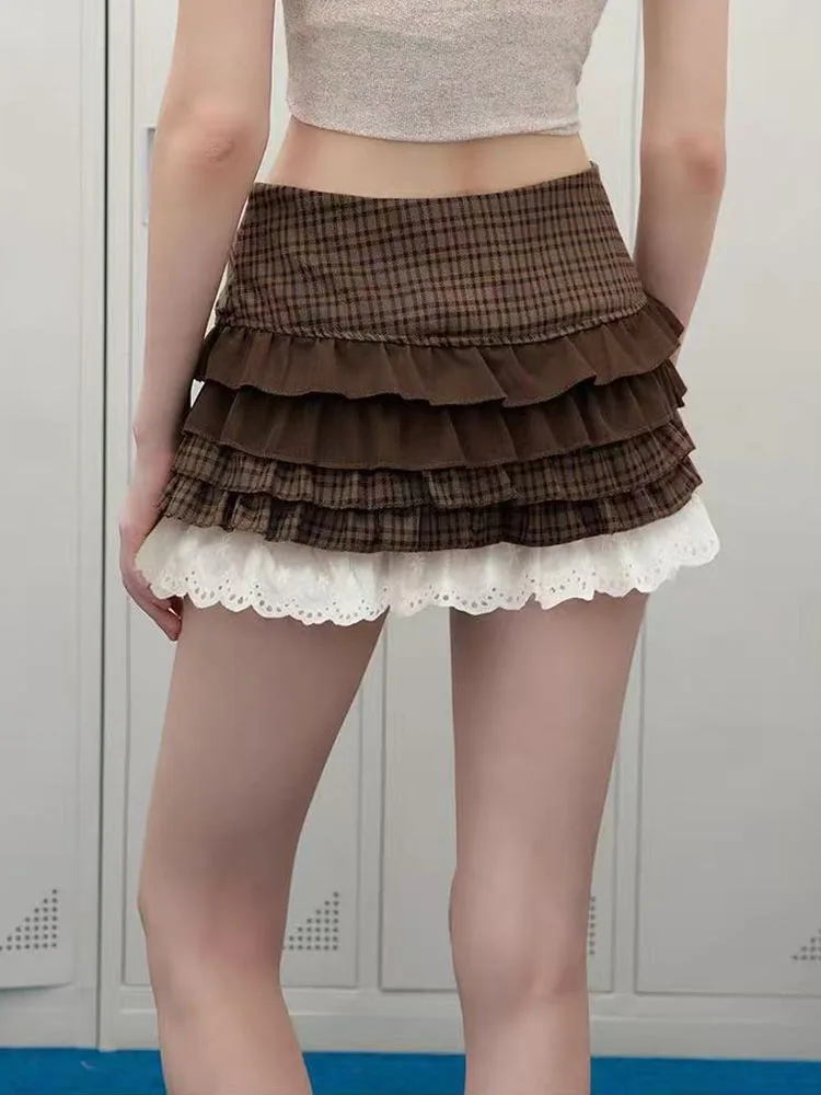Y2k Vintage Bow High Waisted Lace Skirts Y2k Harajuku Gothic Vintage Women's Plaid Skirt Fashion Sweet Lolita Faldas Mujer