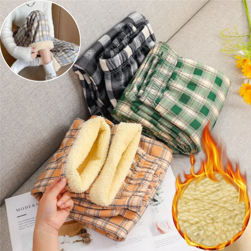 

Брюки в клетку на овечьей подкладке, женские зимние расклешенные брюки с высокой талией, прямые теплые флисовые термобелье для женщин, повседневные