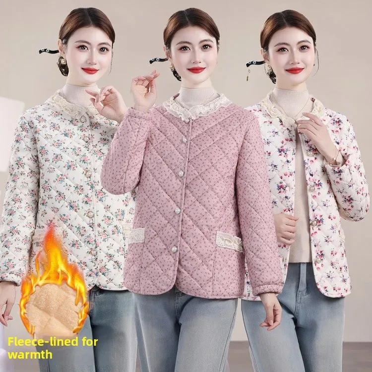 

Хлопковое пальто с цветочным узором и отделкой, утепленное флисом, для женщин среднего возраста, осенне-зимнее, модное, верхняя одежда