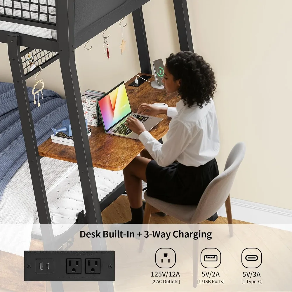 Bunk Bed for Small Space, Bunk Beds Twin Over Twin with Desk, Power Outlets, RGB LED Lights, Storage Drawers, Metal Beds with Sa