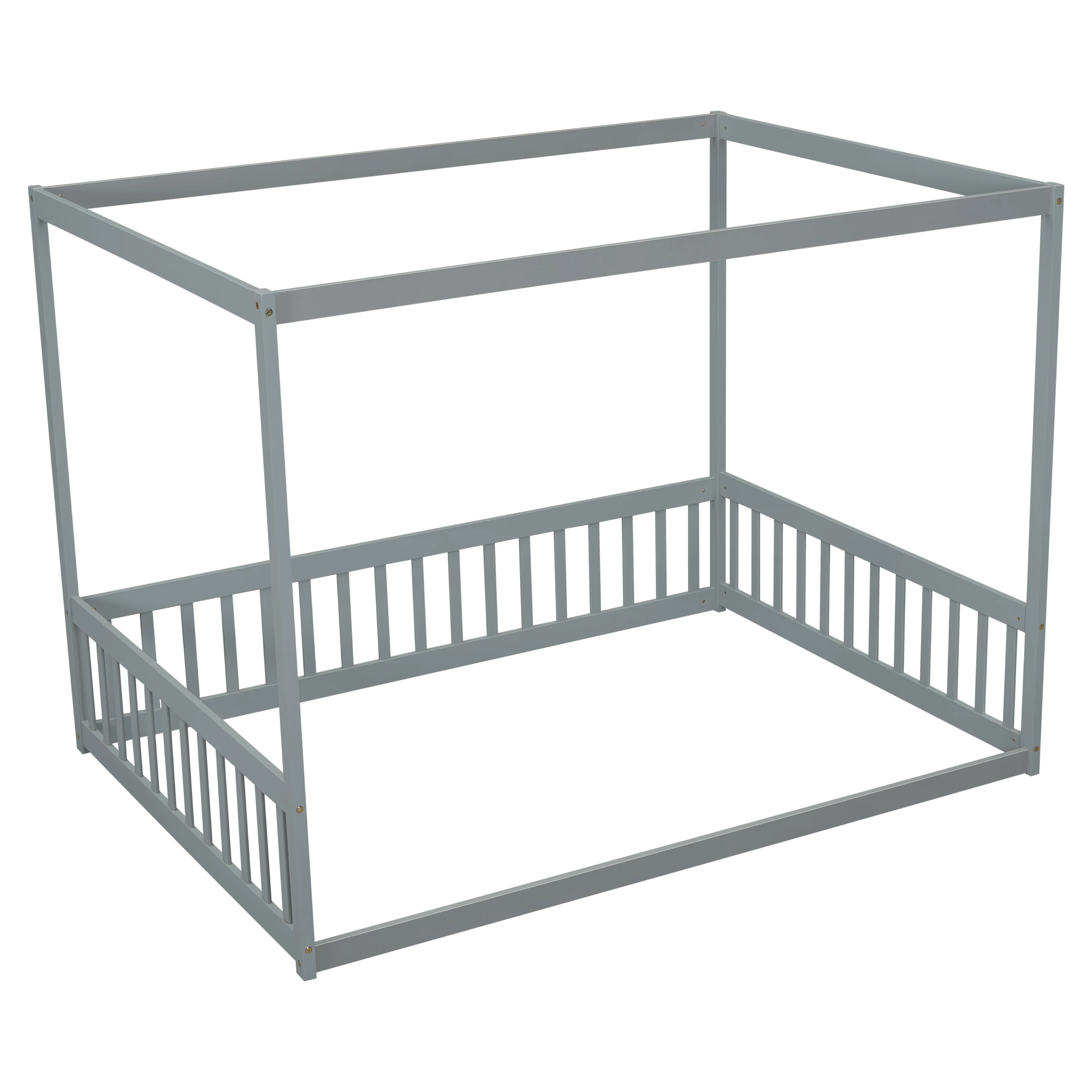 Full Size Canopy Frame Floor Bed with Fence, Guardrails