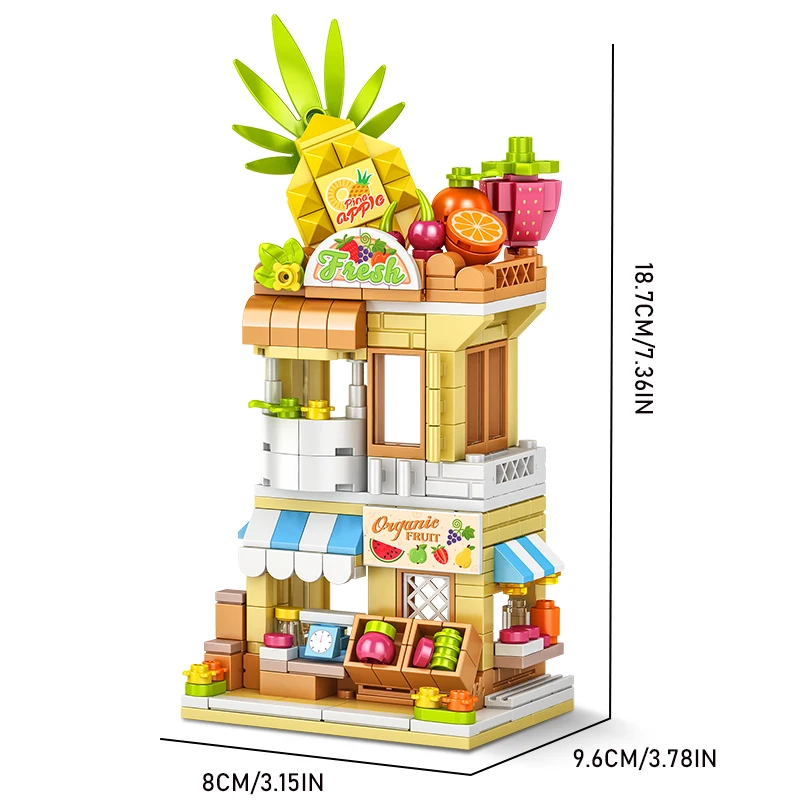 Bloques de construcción de ciudad, tienda de frutas, tienda de flores, conjunto de modelo de casa, decoración de escritorio, juguetes DIY para niños, regalo de cumpleaños y Navidad