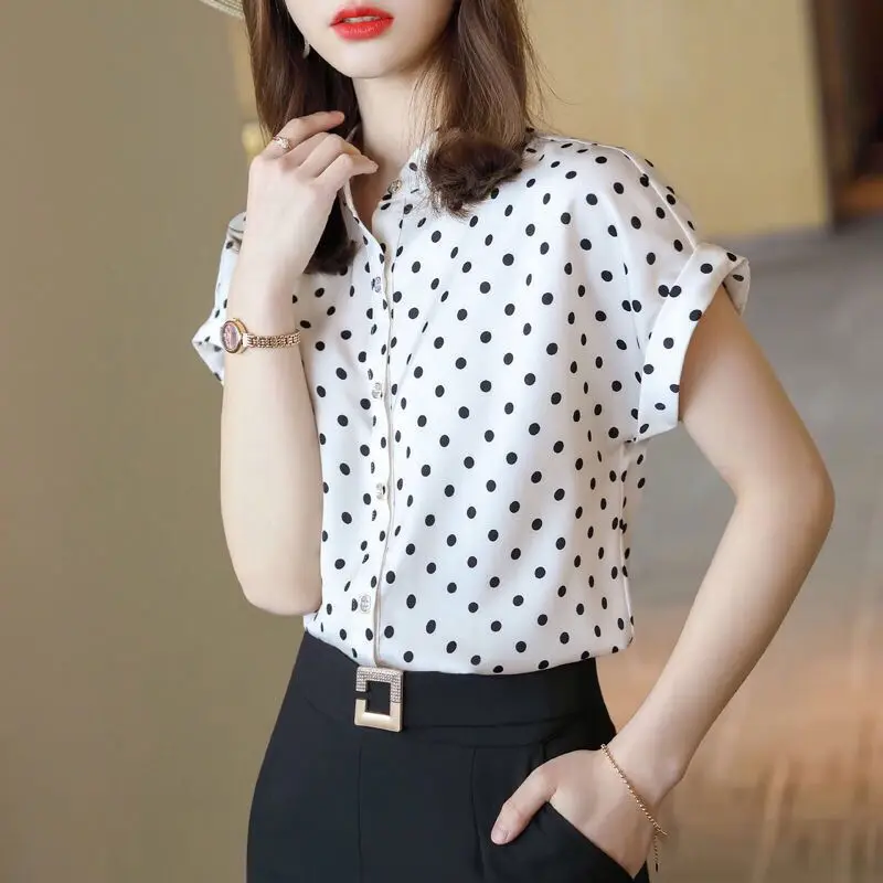 Polka Dot Chiffon Fashion Blouse Summer New Short Sleeve Button Loose All-match Shirt Tops Office Lady Elegant Women Clothing