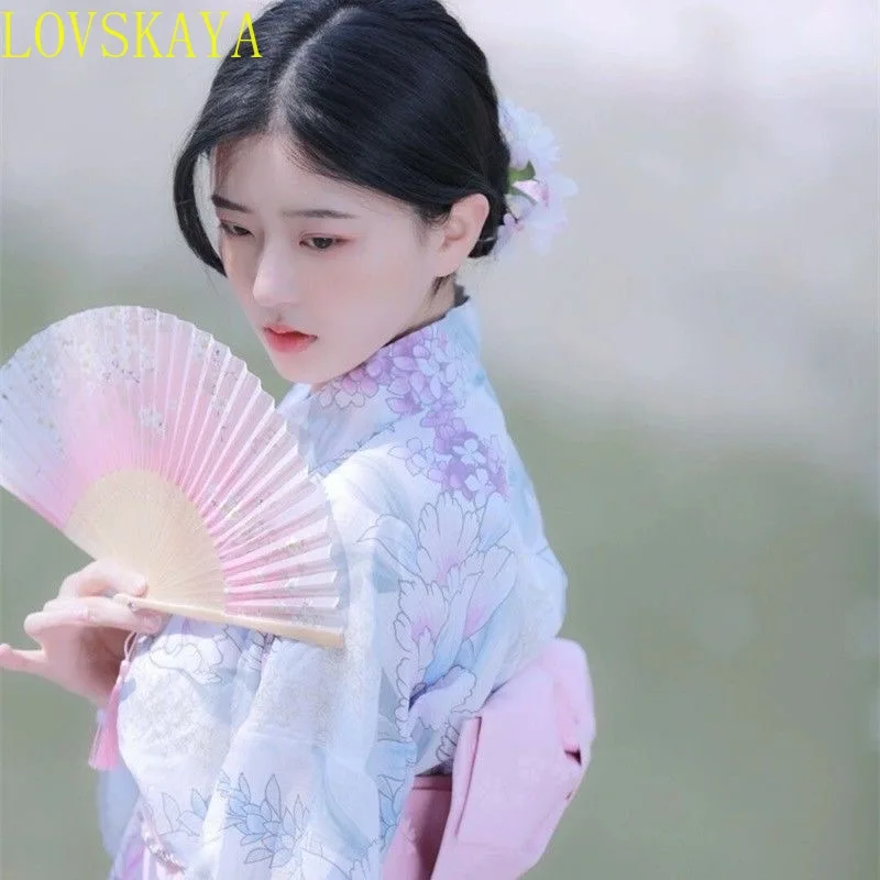 Female Traditional Japanese Kimono Pink Japanese Girl Geisha Retro Style Photography Stage Show Costume Robe