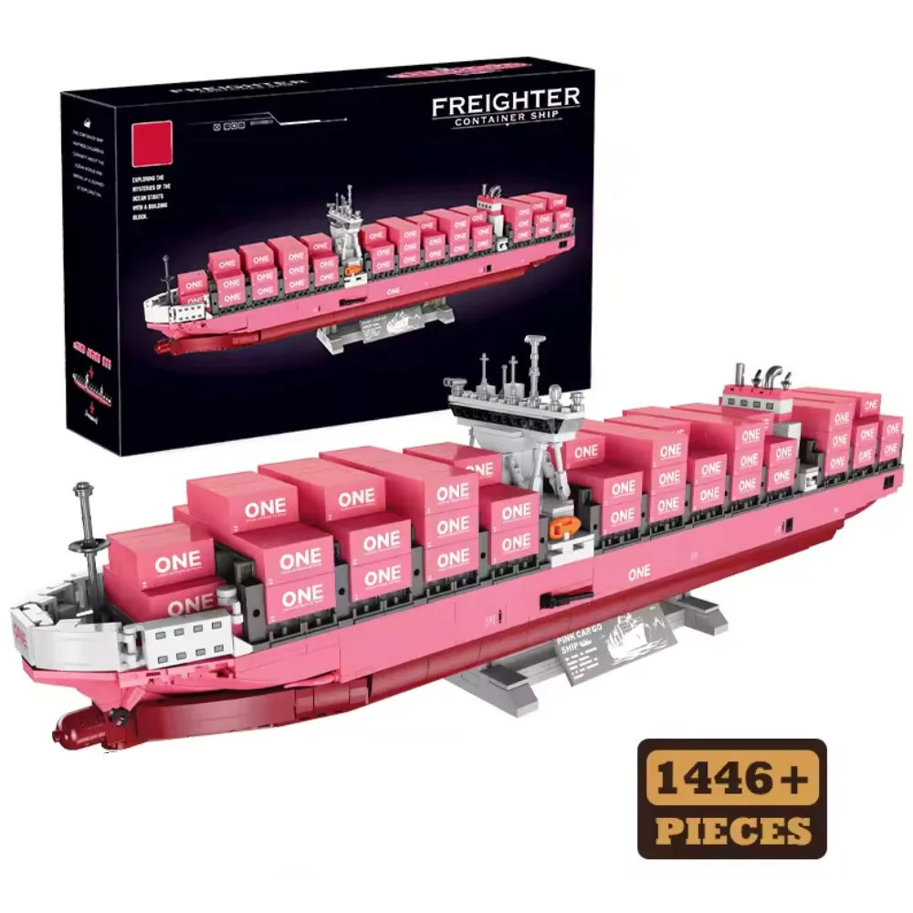 Creatieve Bricks Puzzel Roze Vrachtschip 1446 Stuks Container Boot Model Kits Schepen Bouwstenen Speelgoed Volwassen Verjaardagscadeau