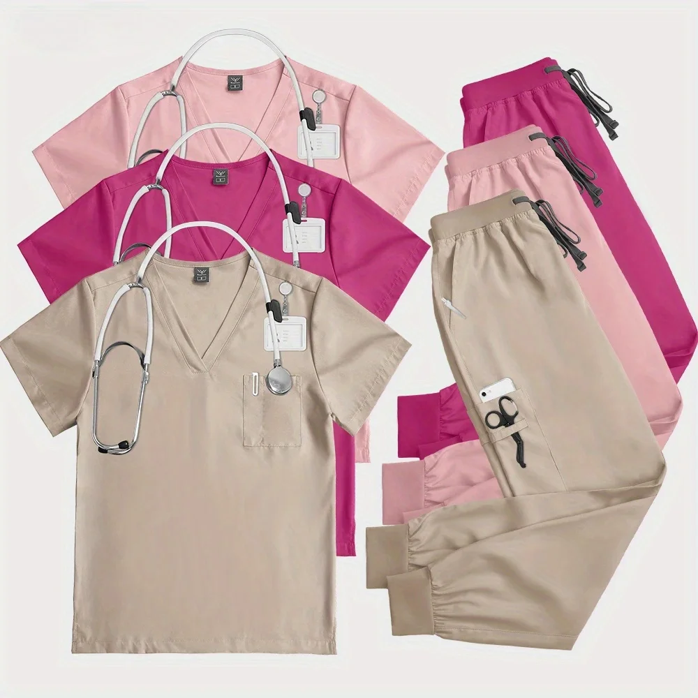 

Health Check Frosted Uniform for Women Solid Color Pet Grooming Workwear Set Nutritionist Workwear Short Sleeved Laboratory Set