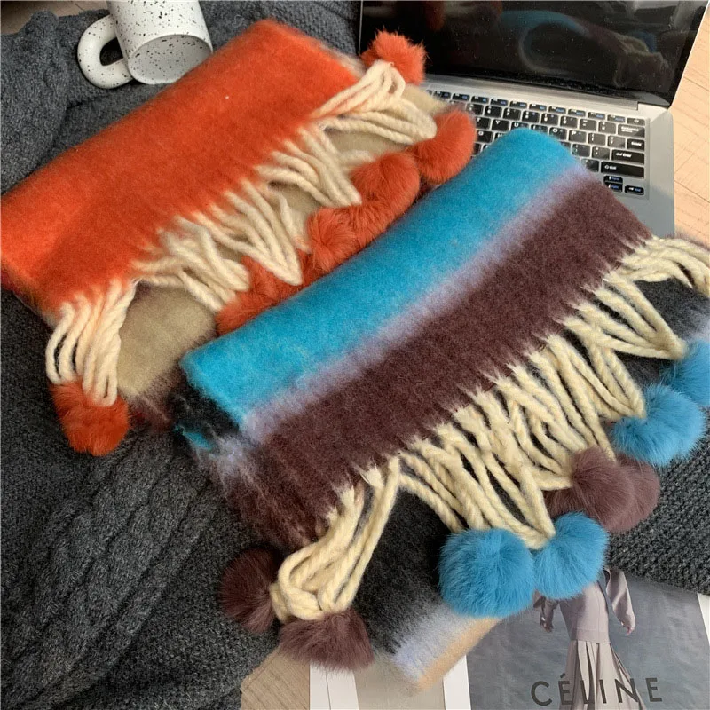 Korea Real Rabbit Fur Ball Warm Dopamine Scarf Soft Stripe Long Shawl Female Colorfur Thermal Y2K Scarf Girls Teen Muffler