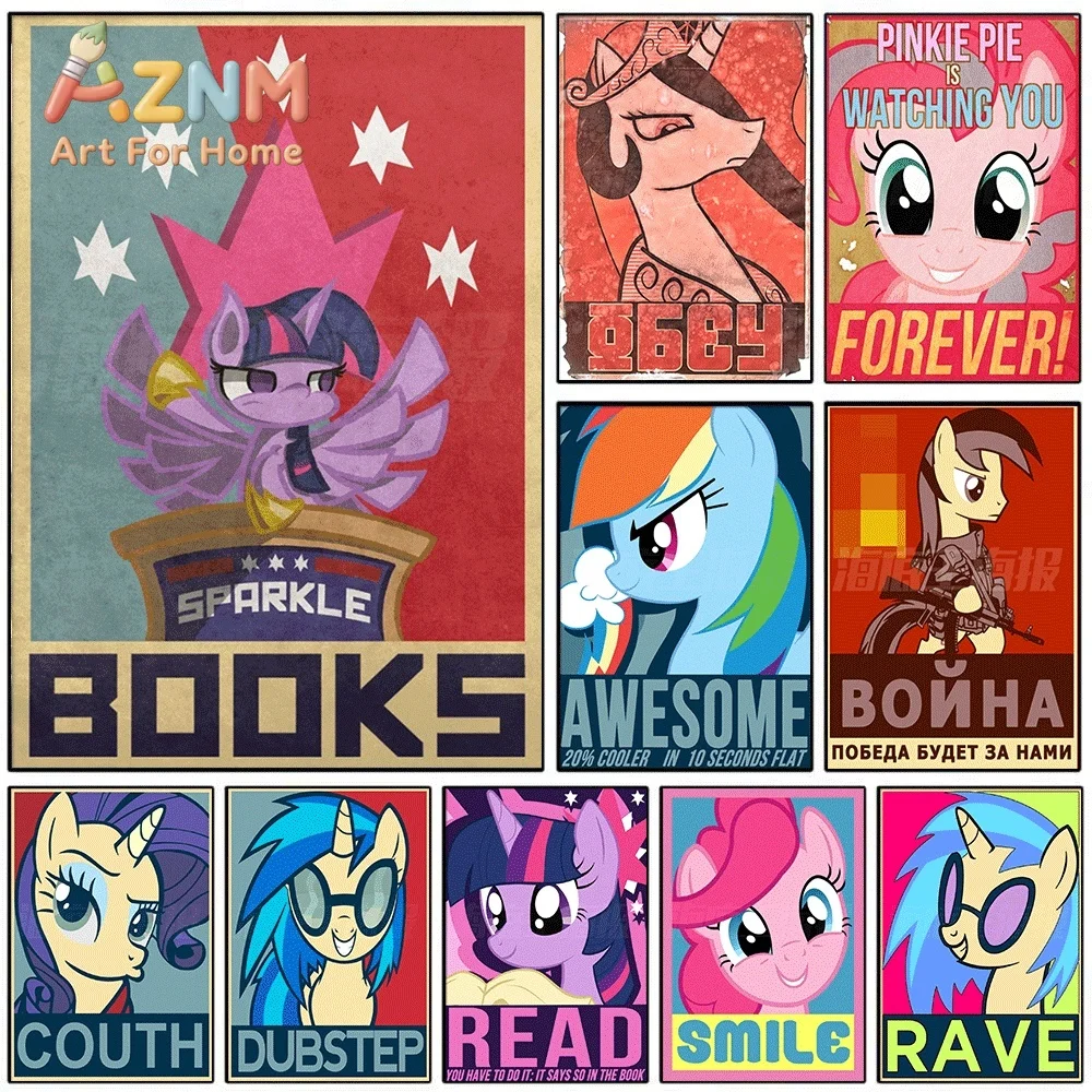 Vintage Propaganda Style My Little Pony Canvas Painting Unframed Cartoon Pony Character Wall Art Poster for Girls Room Home De