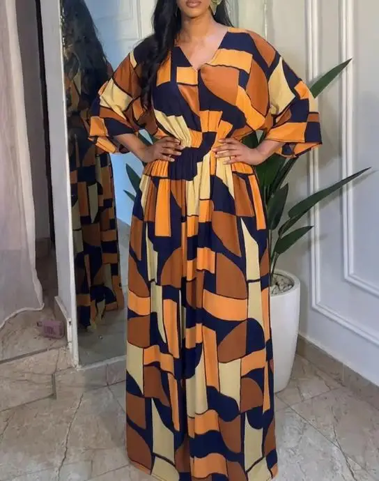 

Jumpsuit Women New Colorblock Geometric Print V-Neck Batwing Sleeve Ruched Waist Overalls Casual Cinched Waist Wide Leg Jumpsuit