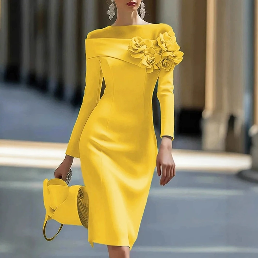 여성 프렌치 스타일 가을 원피스 2025 레몬 옐로우 색상 3D 꽃 자수 긴 소매 라운드 넥 A라인 미니 의상