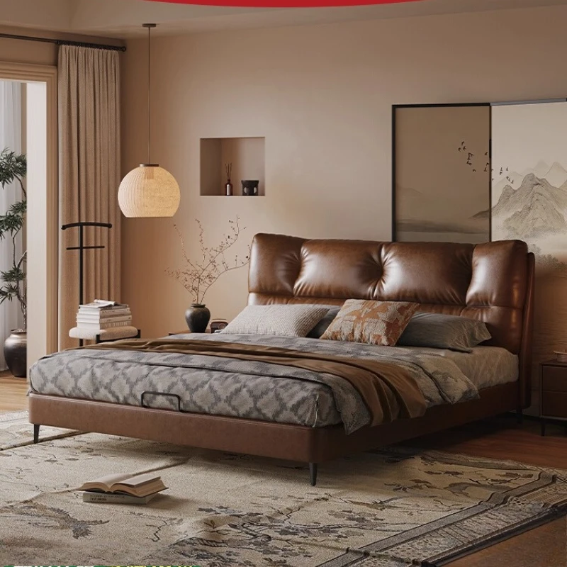 

180x200 см Роскошная деревянная кровать King Queen, эстетическая масляная восковая кожа, современная двуспальная кровать размера «queen-size», домашняя поддержка брака, дом, мебель для спальни