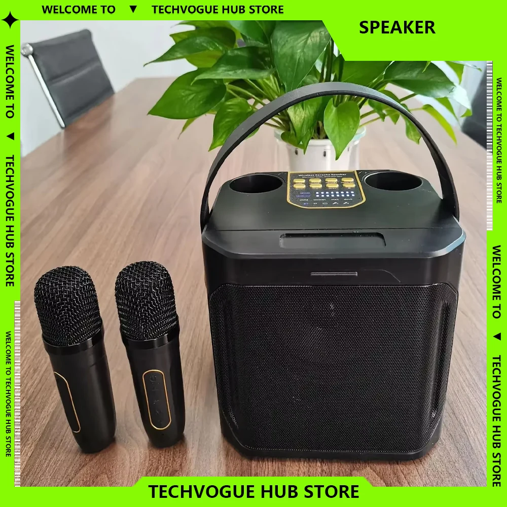 

High Power Karaoke with Dual Microphone Boombox Speaker Bluetooth Wireless Portable 360 Stereo Surround Subwoofer for Outdoors