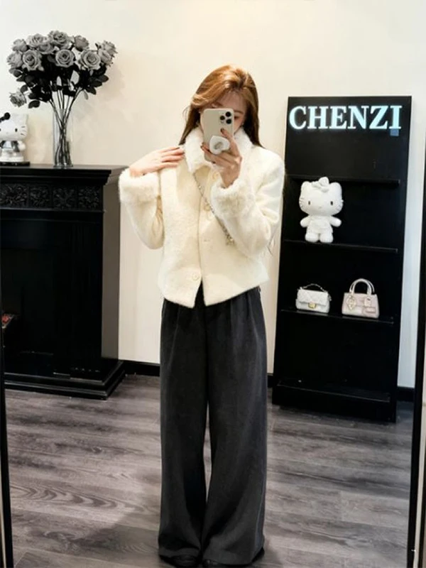 Korean Style Short Coat Women's Winter New Long Sleeve Warm Beautiful Fur Collar Woolen Jacket Female Fashion Outerwear