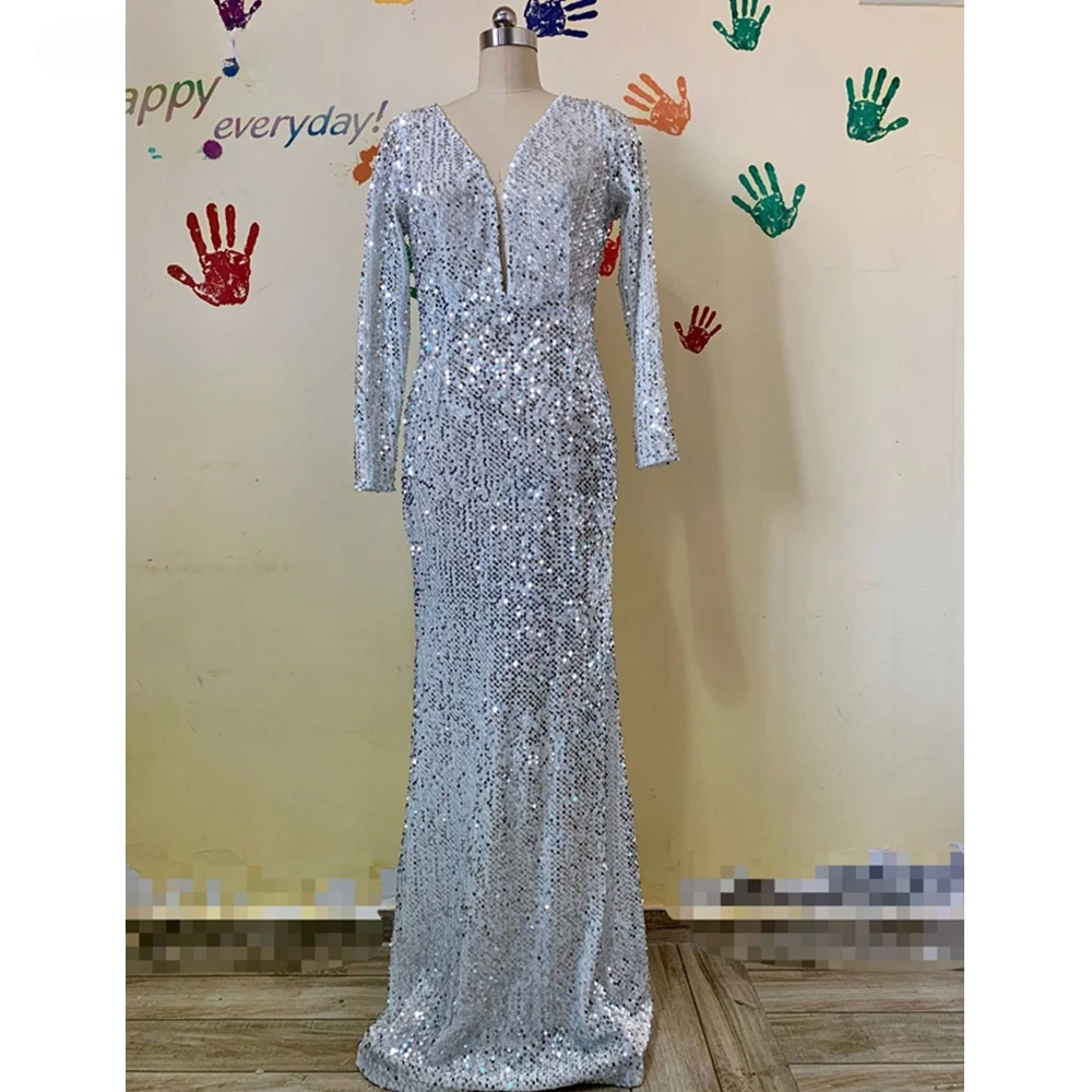 Womens Sexy Red Party Dress Fashion Sequins High Waist V-neck Long Sleeve Slim Solid Womens Long Dress
