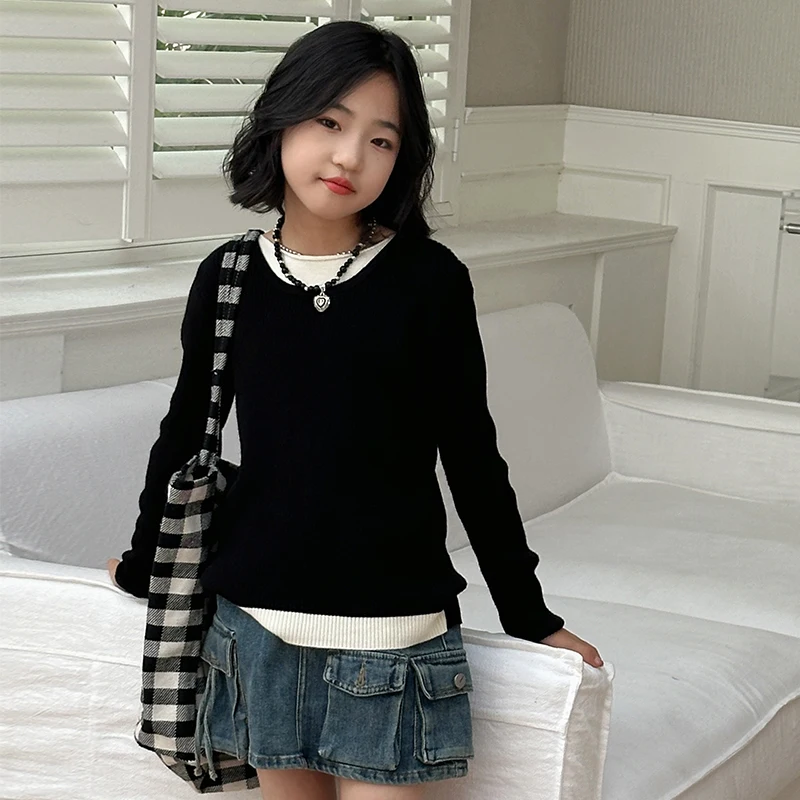 

Kid Sweater Age 4-14Y Baby Girl Vintage Fashion Spring Autumn Knitwear Tween Y2k Fake 2-Pieces Bottom Child Daily Style Pullover