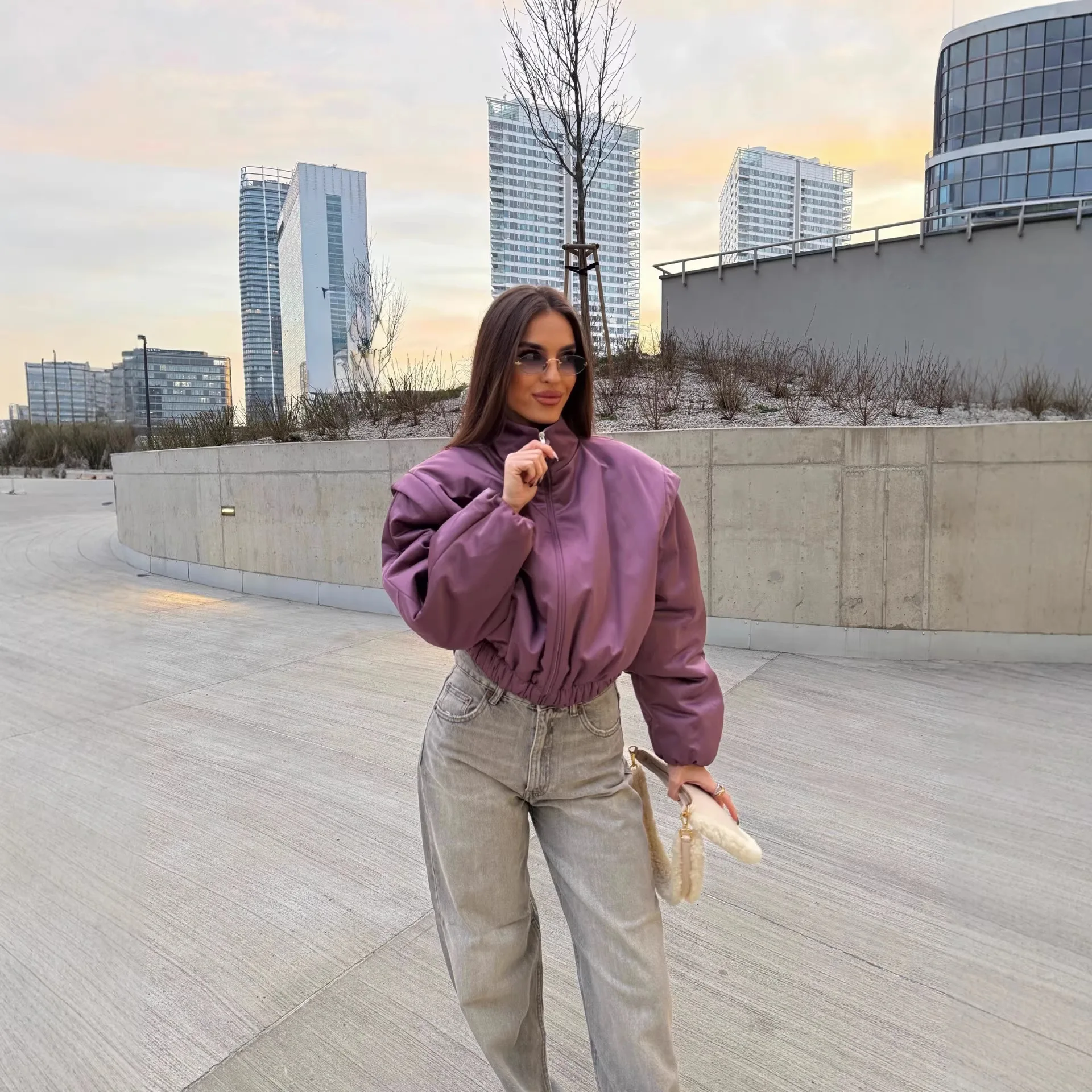 

Lantern Sleeve Stand-up Collar Short Shoulder Cotton Solid Color Jacket Outerwear With Loose Fit For Women Streetwear Style 5RRO