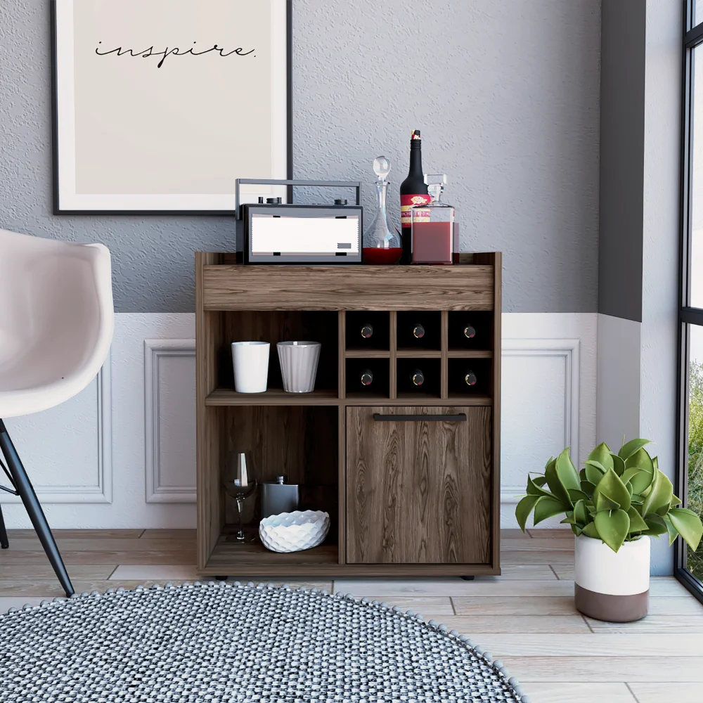 Bar- Coffee Cart Storage 6 Bottle Racks A Central Shelf Covered By 1 Wood Door Ideal for Storing Glasses and Snacks Dark Walnut