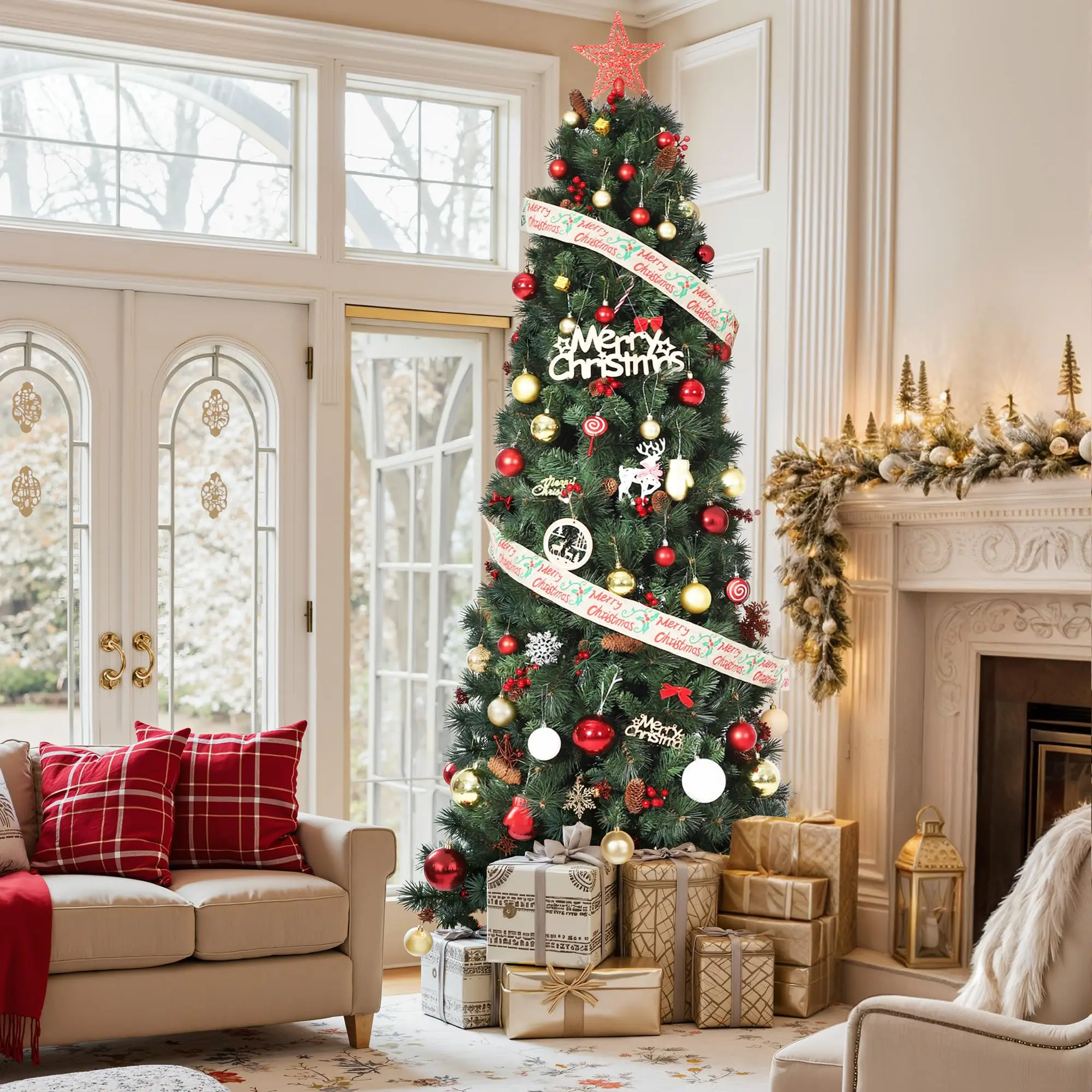 7ft Artificial Christmas Tree, Faux Pine Xmas Tree with Pine Cones & Red Berries, Metal Stand for Home, Office or Shop Holiday Decoration