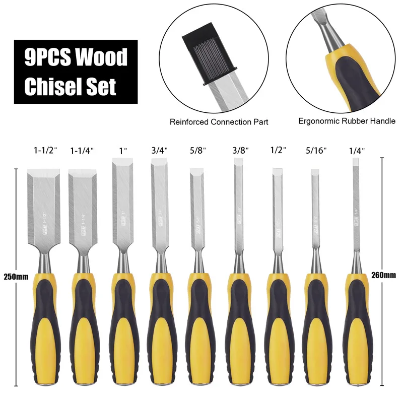 9 Piece Wood Chisel Set for Woodworking CR-V Steel Beveled Edge Blade Durable PVC High Impact Handle Wood Chisel