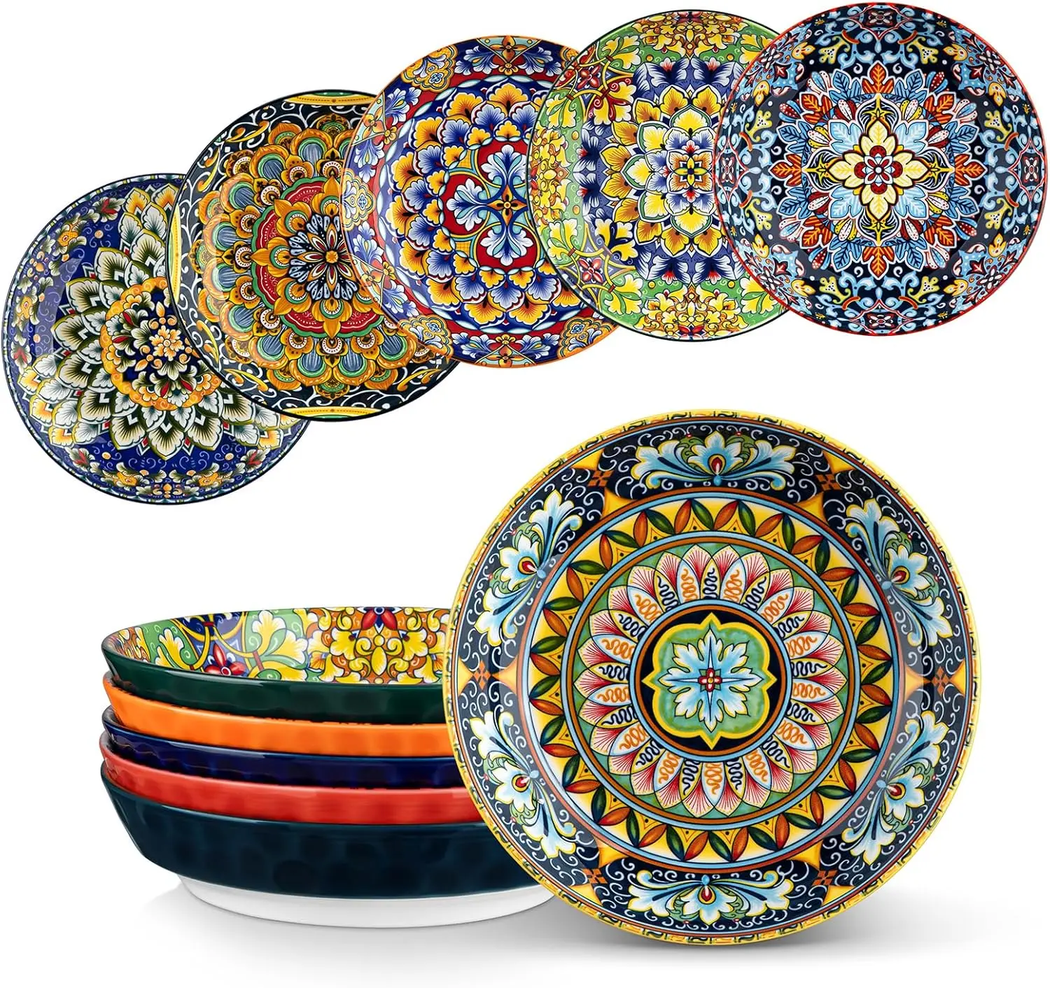 32 Oz Pasta Bowls Set of 6, Ceramic Large Colorful Salad Serving Bowls for Kitchen, Dishwasher & Microwave Safe Soup Plates