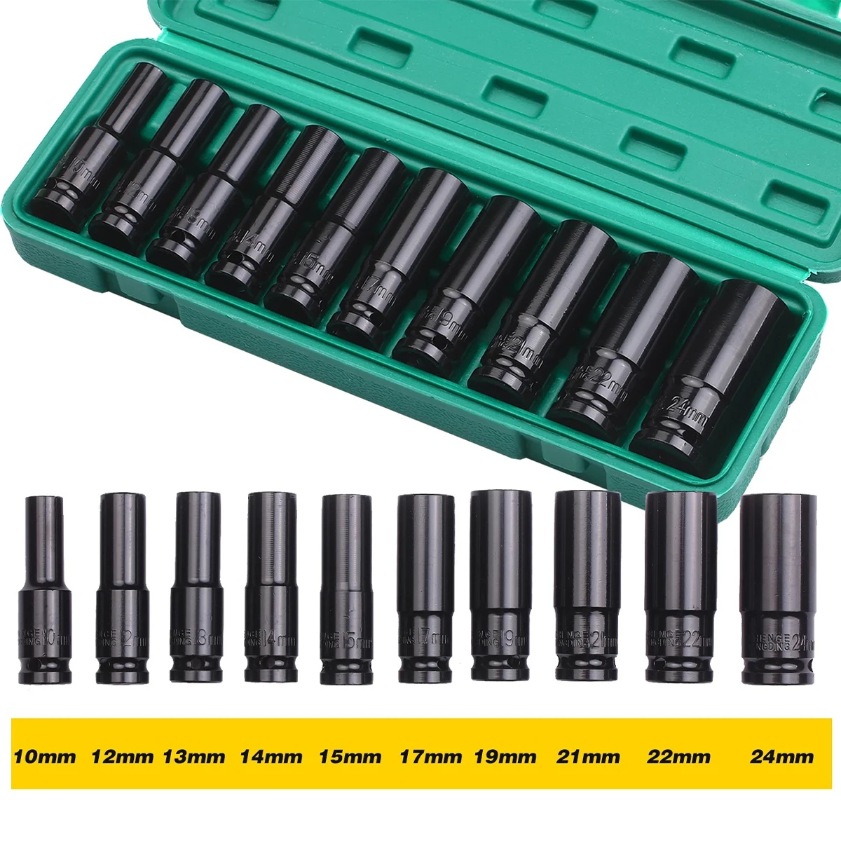 

Профессиональный привод 1/2 дюйма, 10 шт., набор метрических ударных головок, 6 точек, 8-24 мм, углеродистая сталь, с прочным футляром для хранения