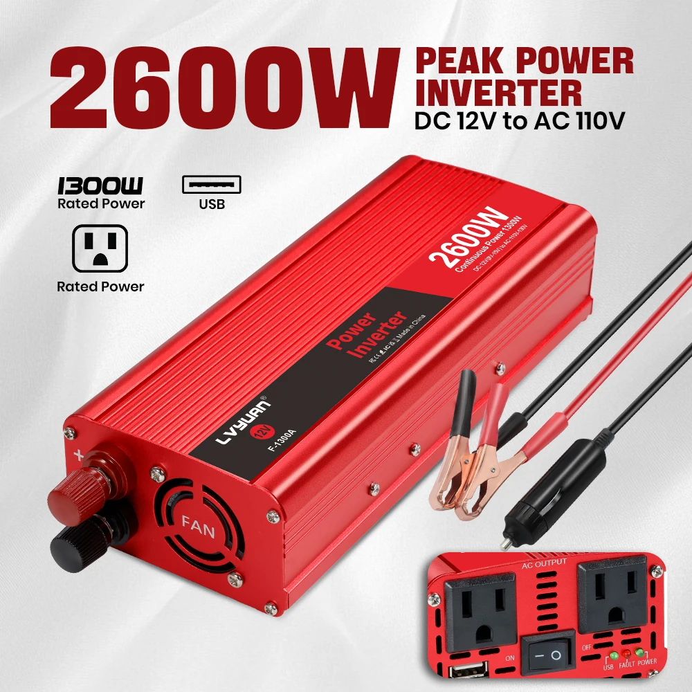 

1500 Вт/2000 Вт/2600 Вт 12 В постоянного тока в В переменного тока, портативный автомобильный инвертор, зарядное устройство, конвертер, адаптер, розетка стандарта США, автомобильные аксессуары