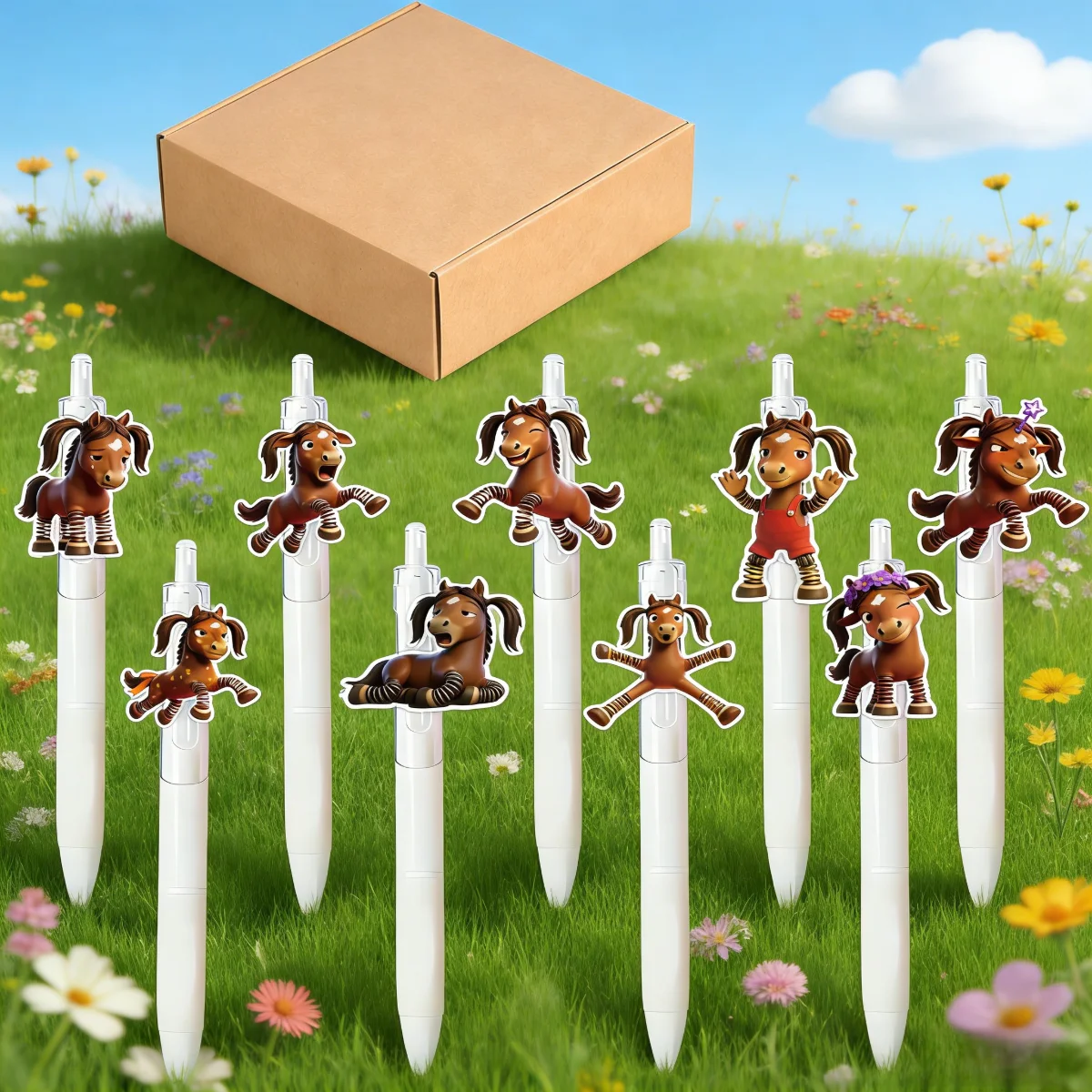 

9pcs/16pcs White Click-type Crying Horse Round-Tip Pen with Horse Year Design for Writing, Office & Student Specialized Pen