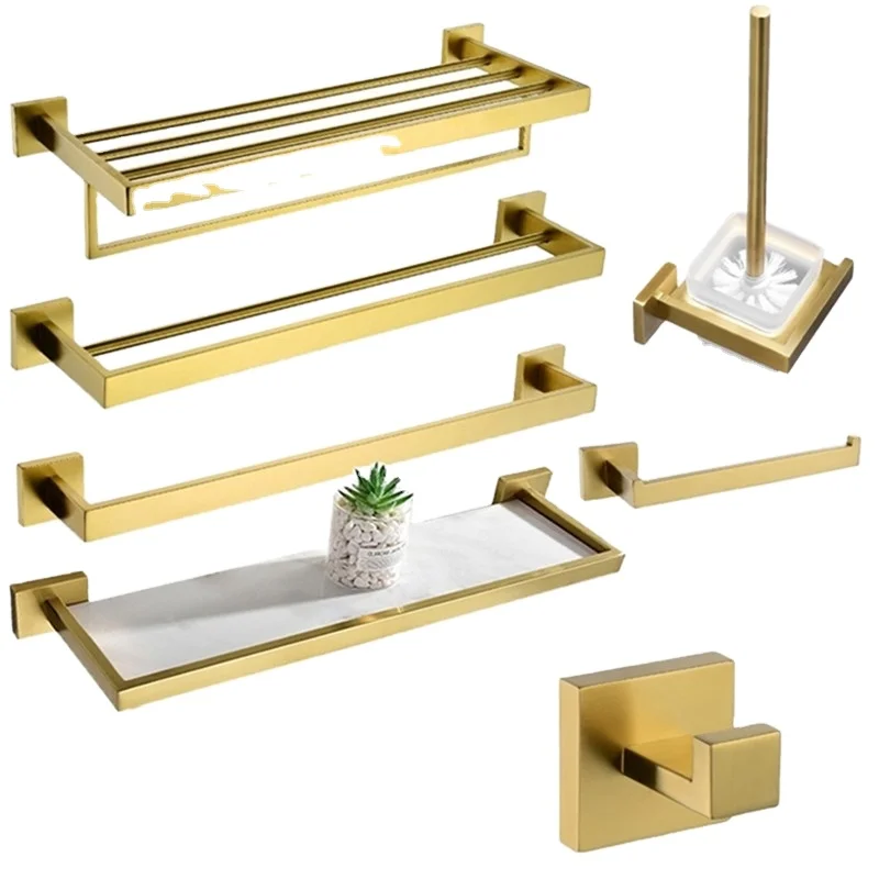 Light Brushed Gold Towel Bar Bathroom Toilet Brush Holder Stainless Steel Towel Rack Shower Shelf Bathroom Accessories