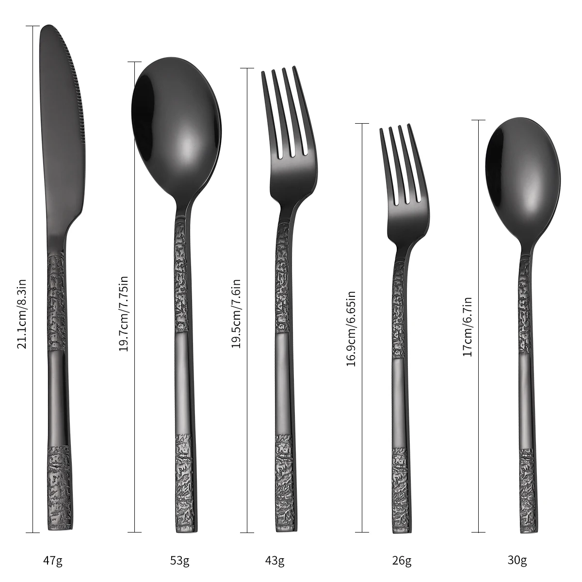 A · HOUSEWARE Black Silverware Set for 4 Stone Pattern Handle Elegant Steel Flatware Unique Textured Design Eating Utensils