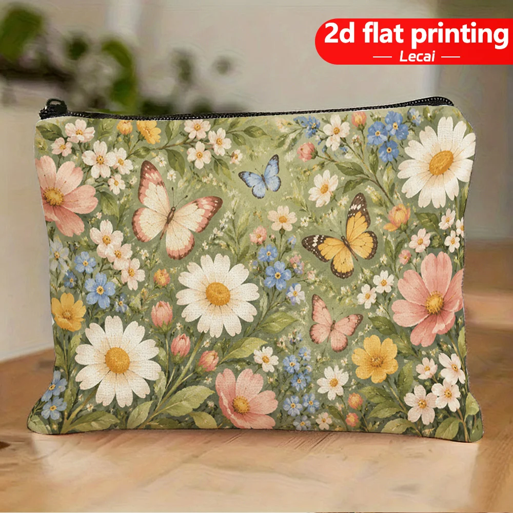 Vintage Floral Butterfly Makeup Bag Wild Daisy Flower Watercolor Art Zipper Cosmetic Pouch Portable Travel Toiletry Storage Bag