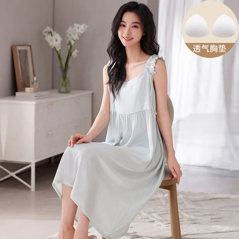 2026 Summer Sexy Lingerie Sleeveless Vest Ice Silk Nightgowns for Women Korean Cute Sleepwear Night Dress Nightdress Home Nighty