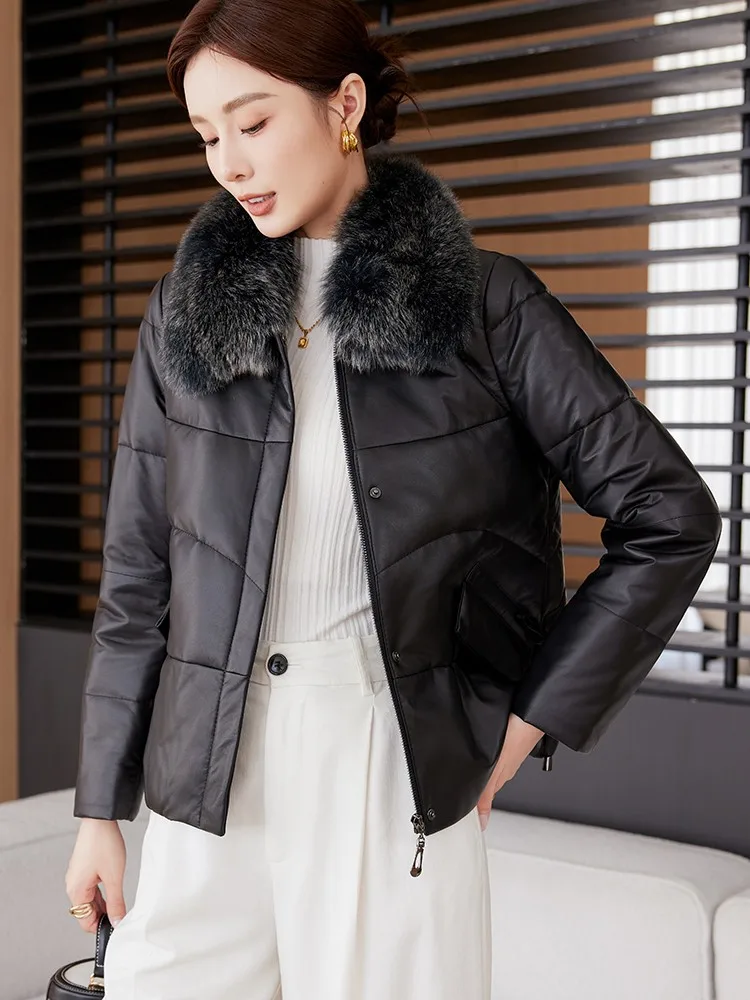 冬のオフィスレディー向け、本革ブラックダウンコート、フォックスファー襟付きシープスキンパファージャケット、女性用防風暖かいショートジャケット
