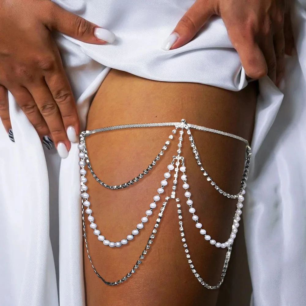 

Rhinestone Pearl Leg Chain Multi Layer Tassel Thigh Chains for Women Summer Beach Bikini Fashion Girl Body Jewelry Accessories