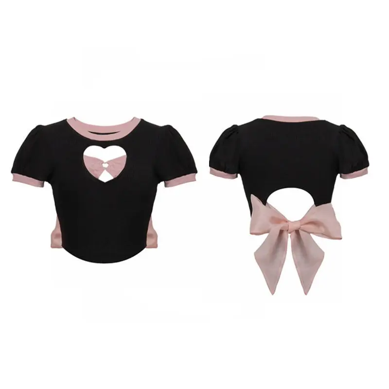 Love Hollow Card Waist Small Shirt Short Sleeved T Shirt Female New Bow Bubble Bubble Sleeve Hot Girl Slim Short Top