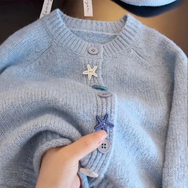 Autumn and Winter Girls Blue Sweater Cardigan Single Breasted Cardigan Jacket for Children for 4-16Y