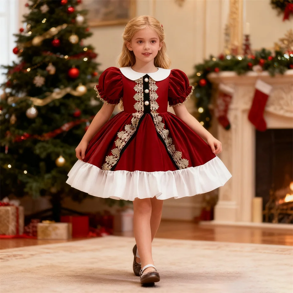 Child Christmas Party Red Green Sequin Mesh Princess Dress Kid Santa Claus Cosplay Frock Girls Carnival Performance Clothes 4-8Y