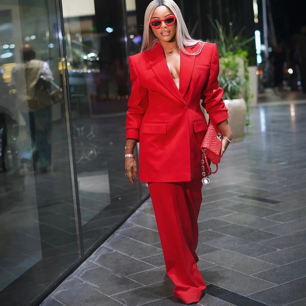 

High Quality Red Women's Suits Elegant One-Button Peak Lapel Slim Outfits Customzied 2 Piece Jacket Pants For Office Lady 2026