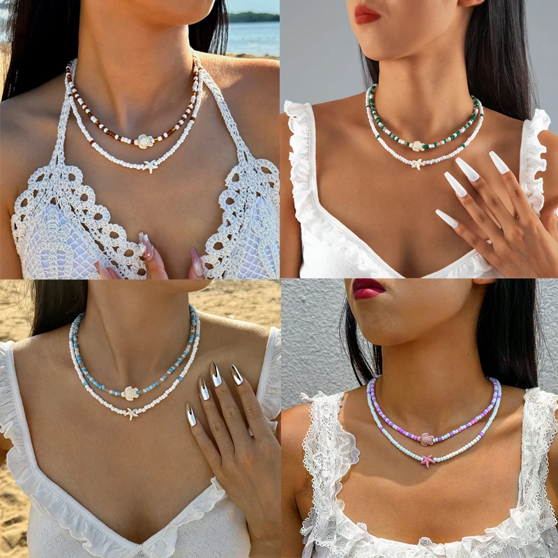 Tocona Bohemian Colorful Bead Necklace for Women Summer Handmade Starfish Tortoise Choker Chain Beach Jewelry Accessories