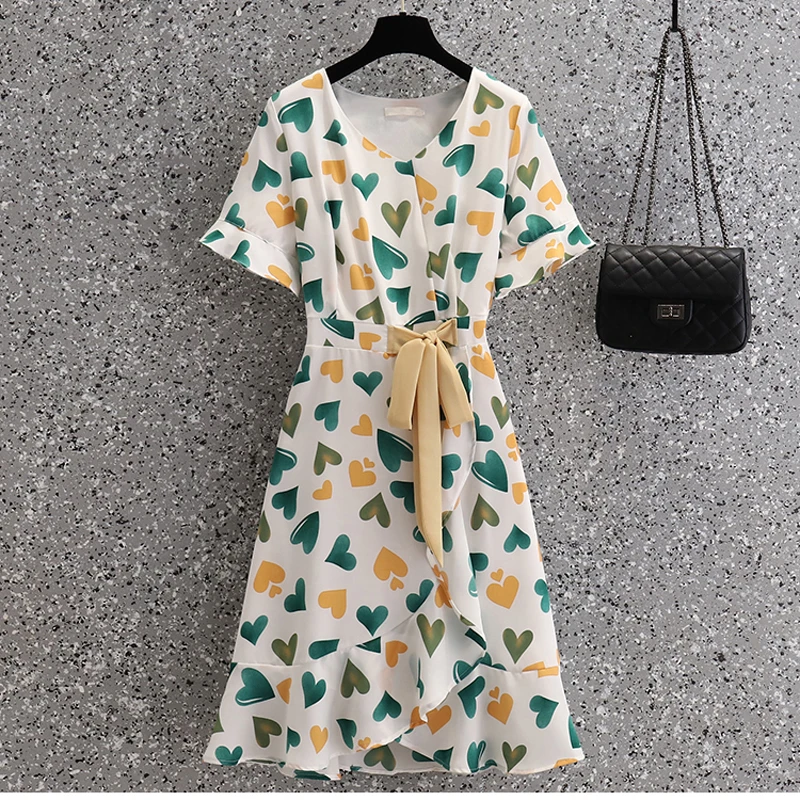 Knee-length Dresses For Women Summer Female V Neck Short Sleeve Large Size Elegant Love Printed Ruffle Bandage Polyester Vestido