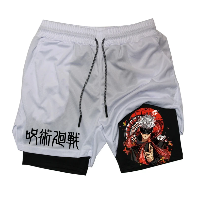 Anime Jujutsu Kaisen 2 in 1 Compression Shorts for Men Athletic Quick Dry Performance Shorts with Pockets Gym Workout Fitness