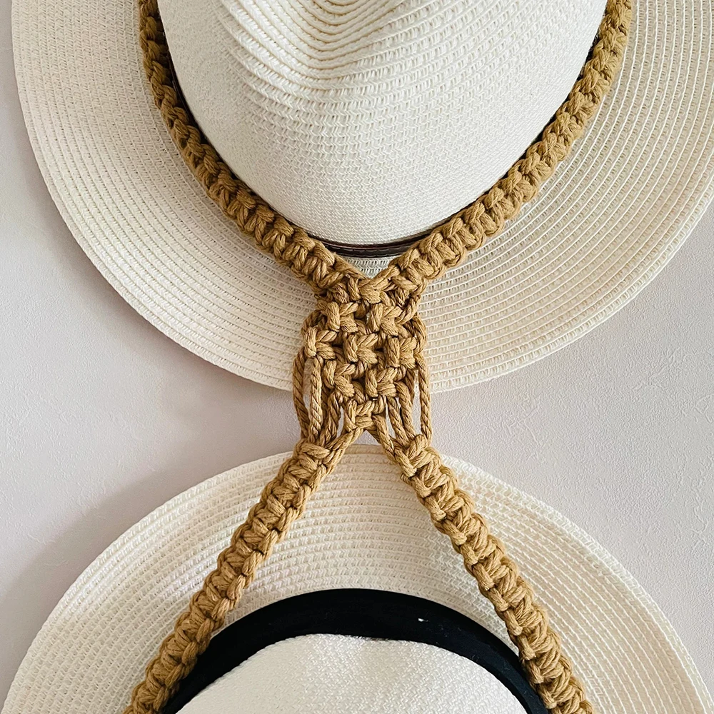 Handmade macrame boho style macrame hat holder for wall hanging double layer hat holster on wall storage hanging